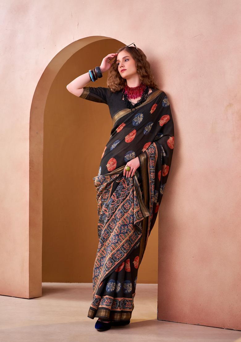 Black Printed Silk Saree Set - Indya
