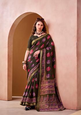 Green Printed Silk Saree Set