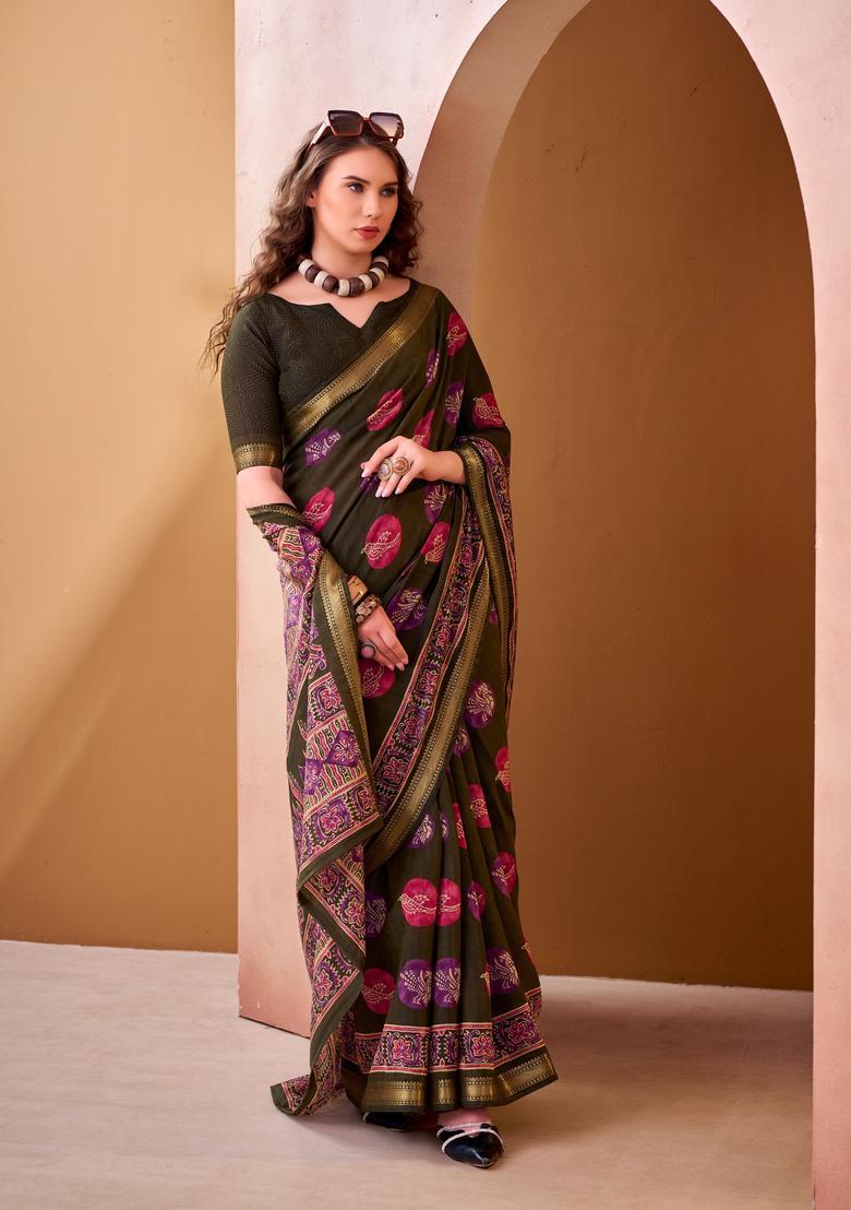Green Printed Silk Saree Set - Indya