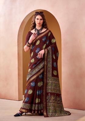 Maroon Printed Silk Saree Set