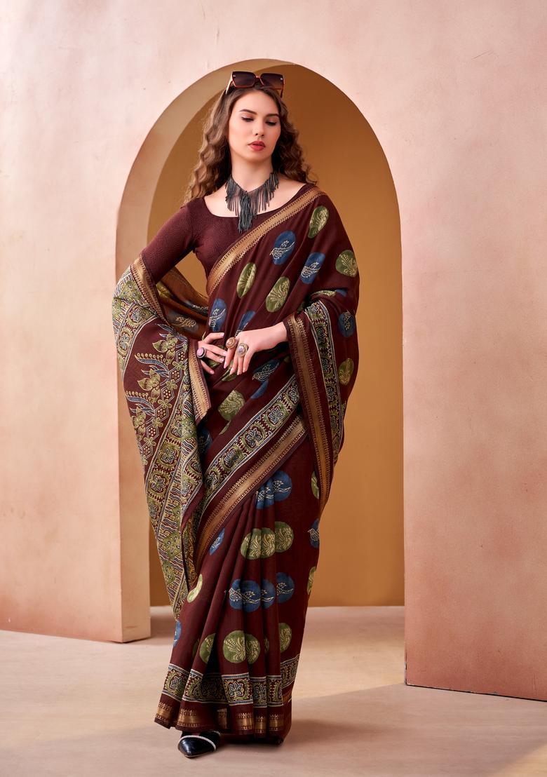Maroon Printed Silk Saree Set - Indya