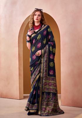 Blue Printed Silk Saree Set