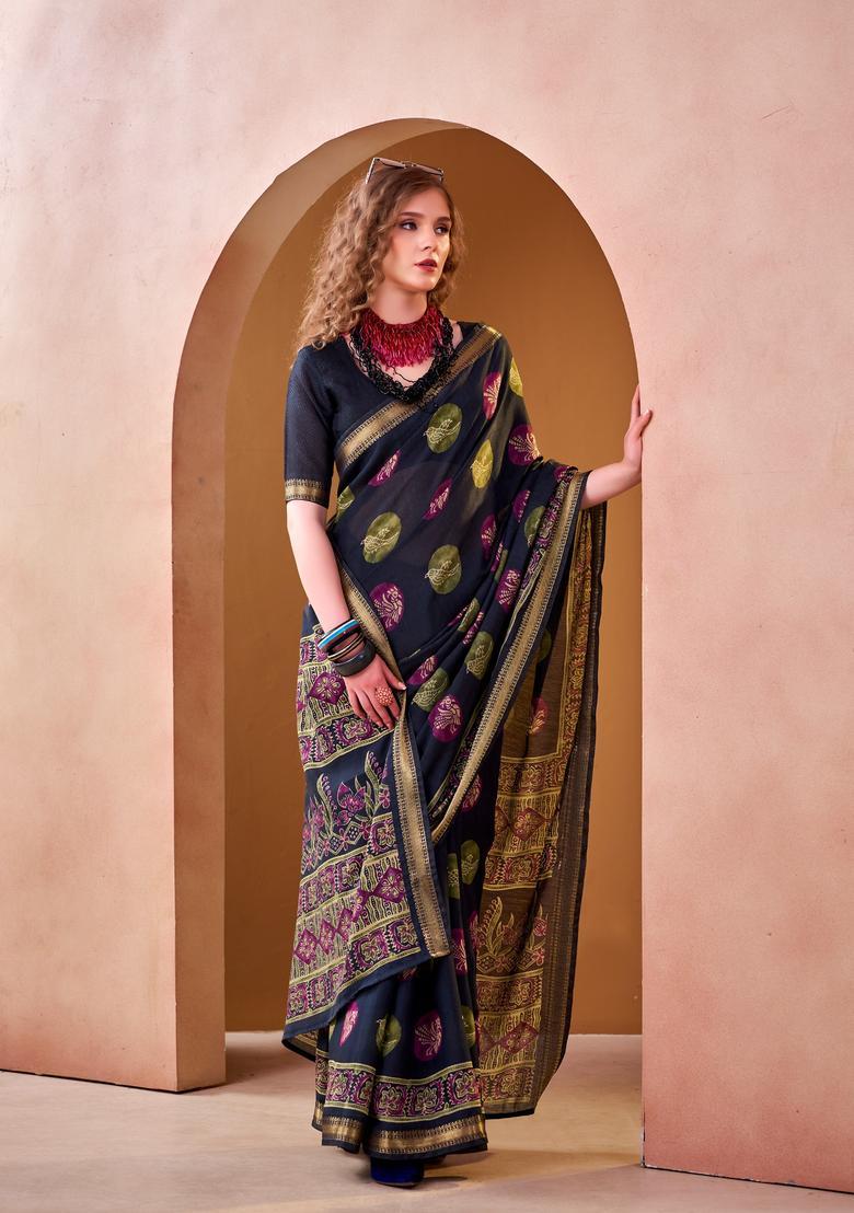 Blue Printed Silk Saree Set - Indya