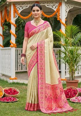 Cream Zari Work Silk Saree Set