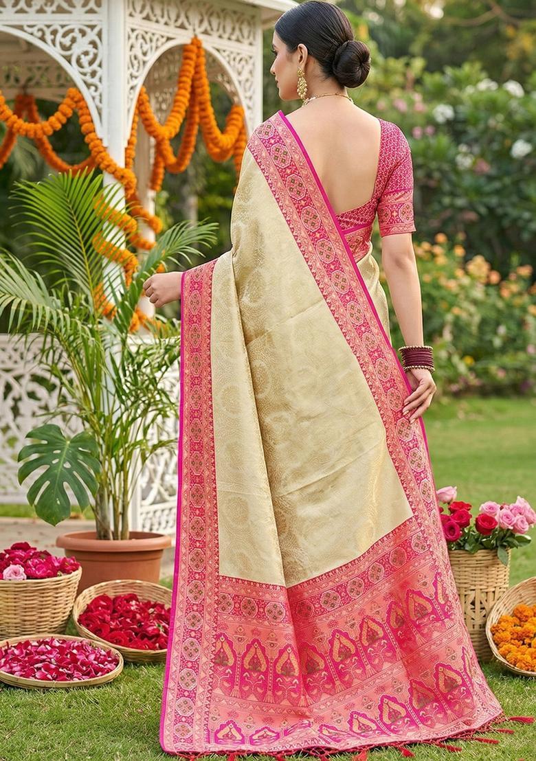 Cream Zari Work Silk Saree Set - Indya