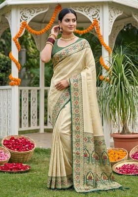 Cream Zari Work Silk Saree Set