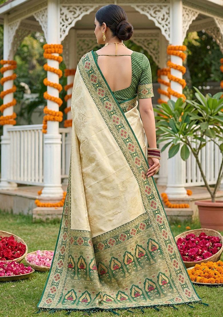 Cream Zari Work Silk Saree Set - Indya