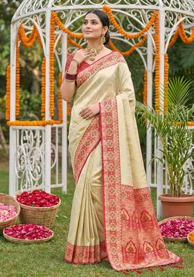 Cream Zari Work Silk Saree Set