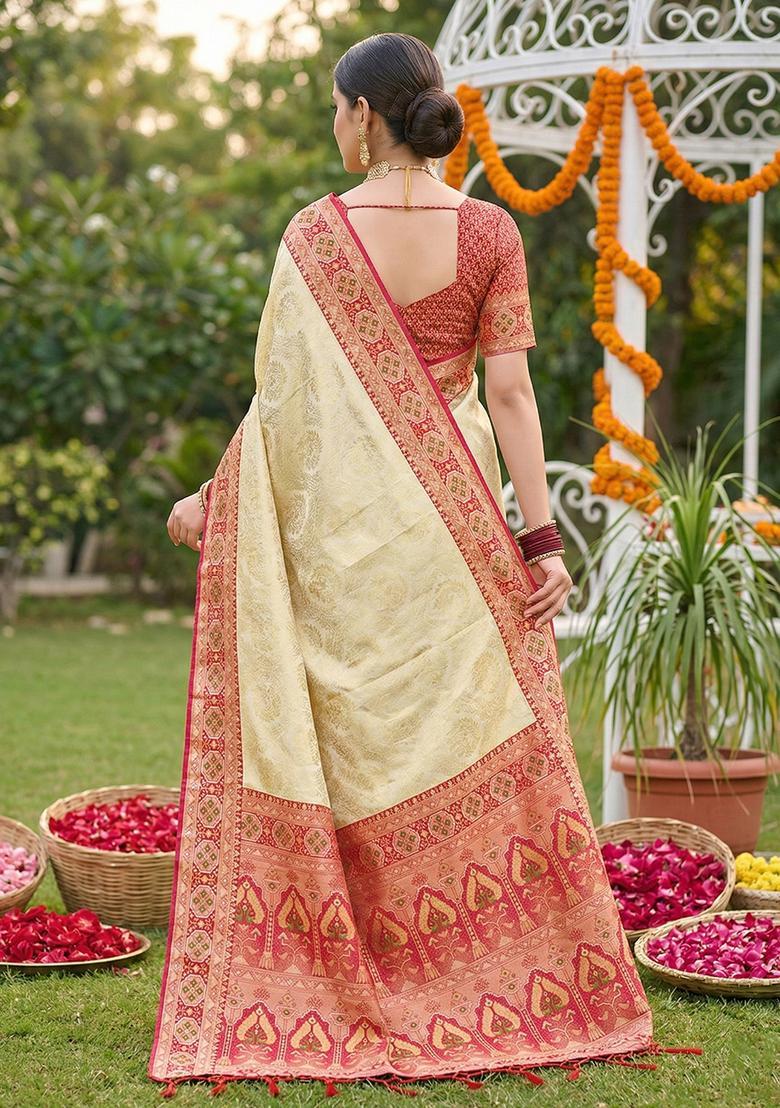 Cream Zari Work Silk Saree Set - Indya