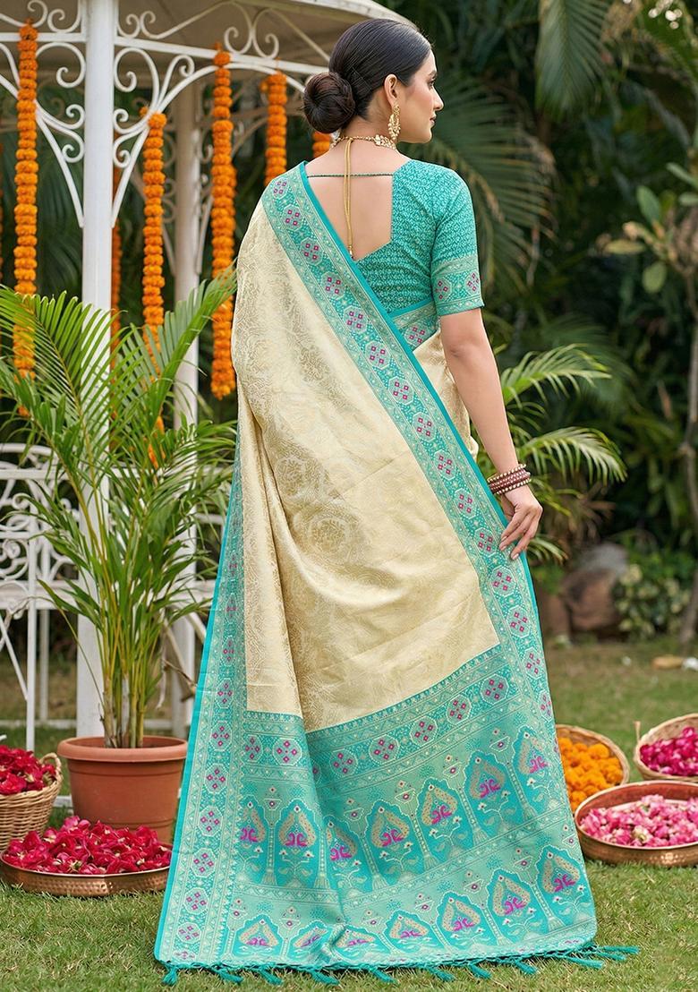 Cream Zari Work Silk Saree Set - Indya