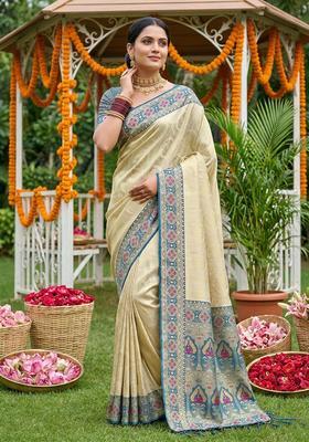 Cream Zari Work Silk Saree Set