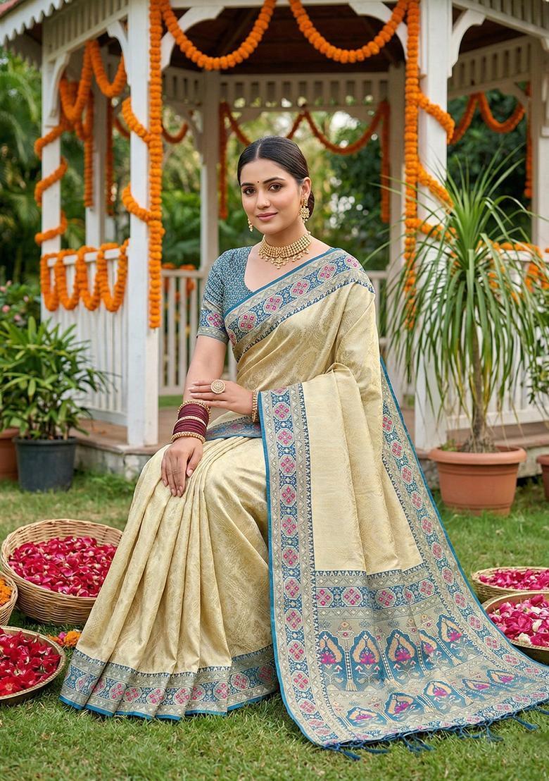 Cream Zari Work Silk Saree Set - Indya