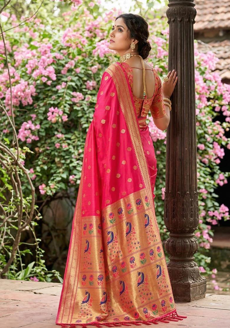 Pink Zari Work Silk Saree Set - Indya