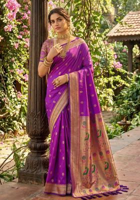 Purple Zari Work Silk Saree Set