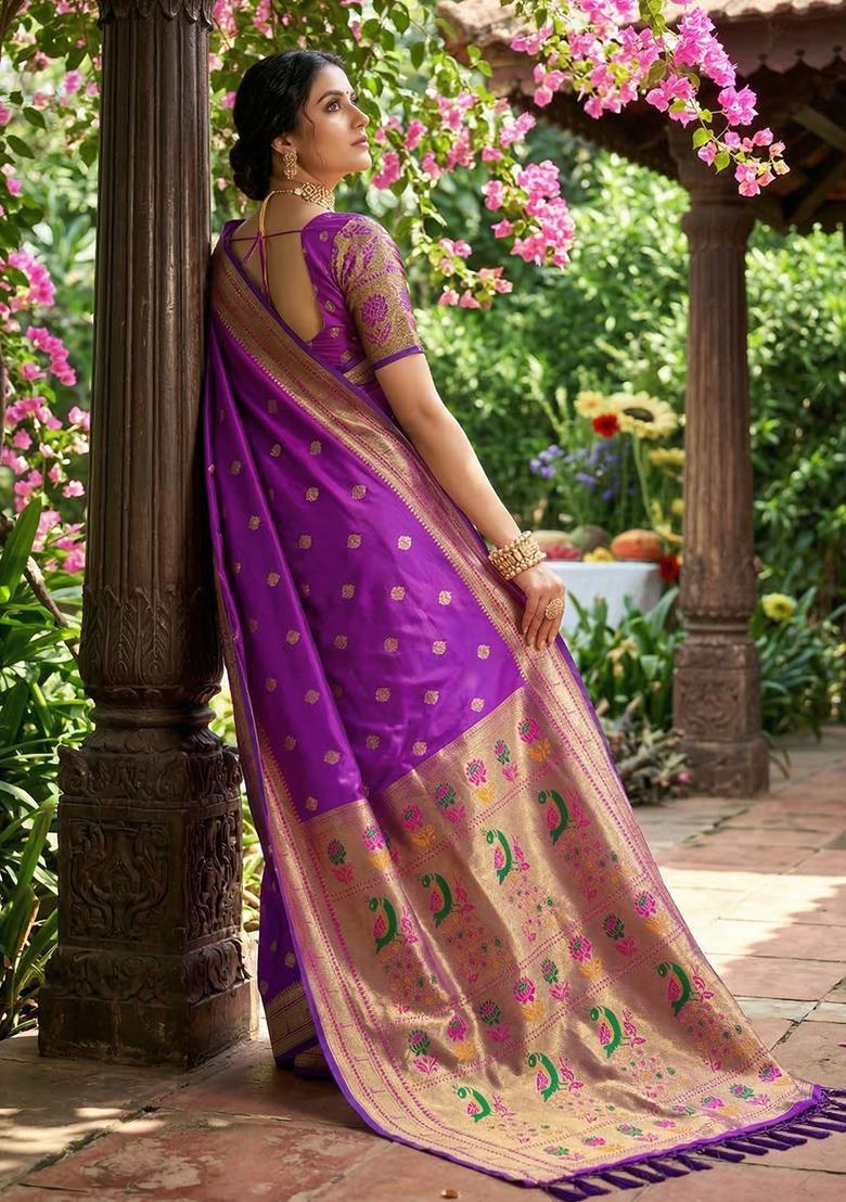 Purple Zari Work Silk Saree Set - Indya