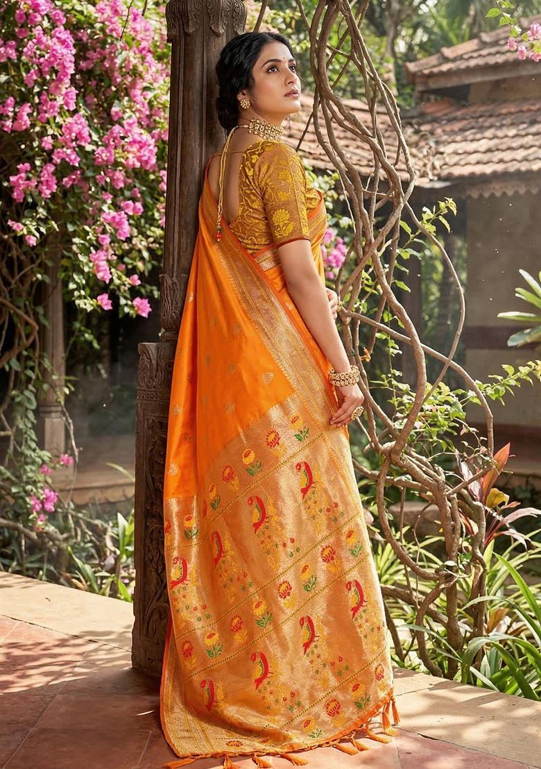Yellow Zari Work Silk Saree Set - Indya