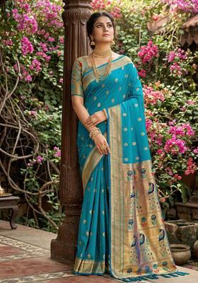 Sky Blue Zari Work Silk Saree Set