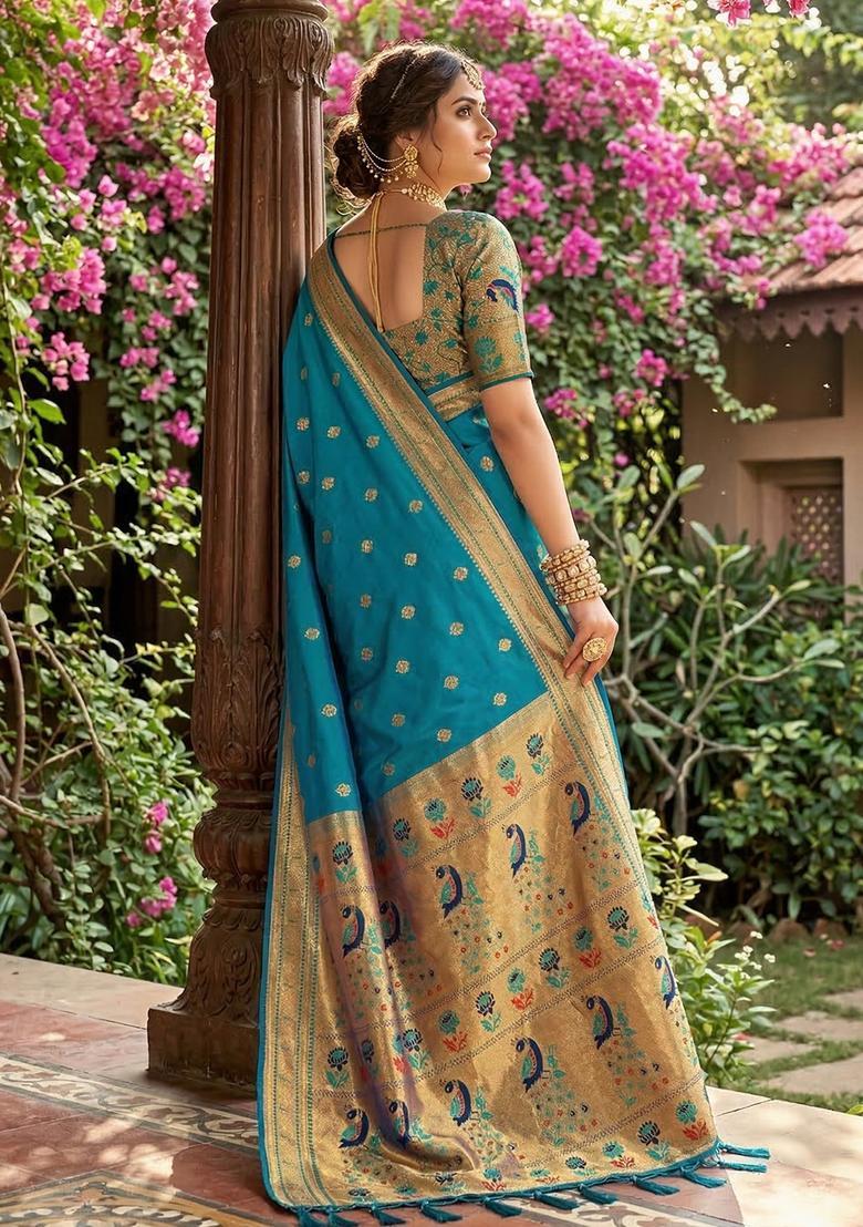 Sky Blue Zari Work Silk Saree Set - Indya