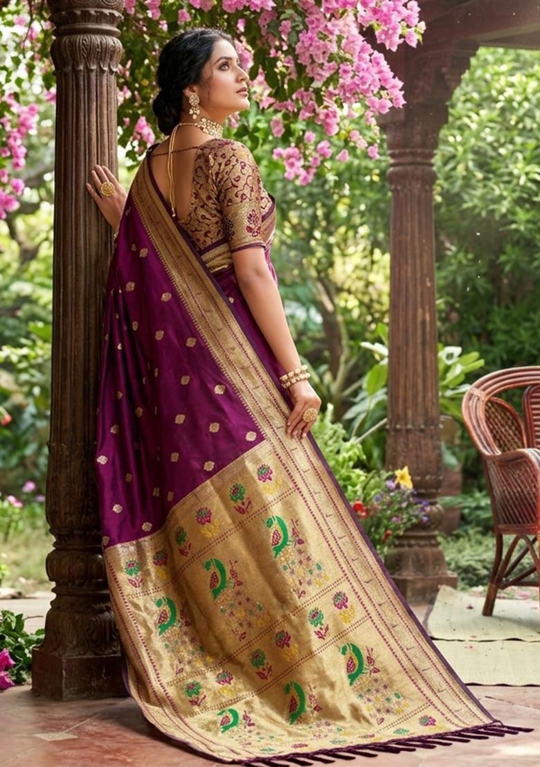 Wine Zari Work Silk Saree Set - Indya