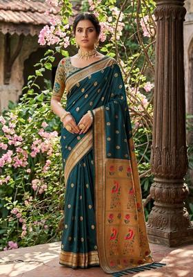 Teal Zari Work Silk Saree Set