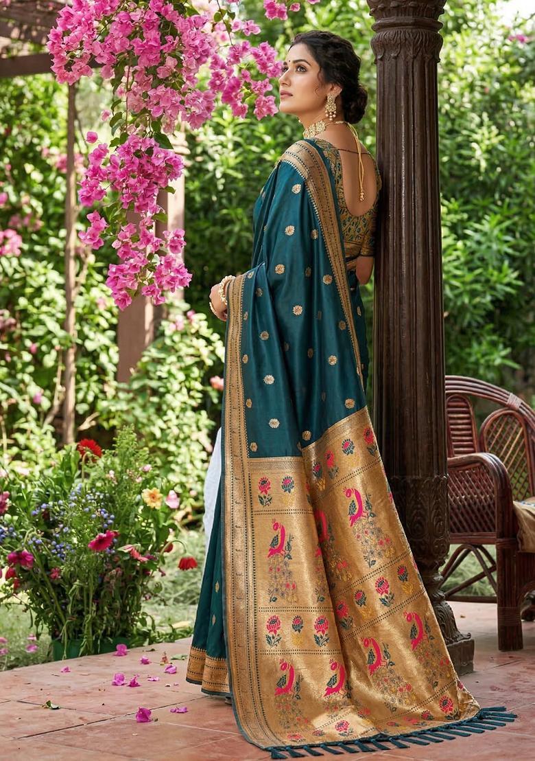 Teal Zari Work Silk Saree Set - Indya