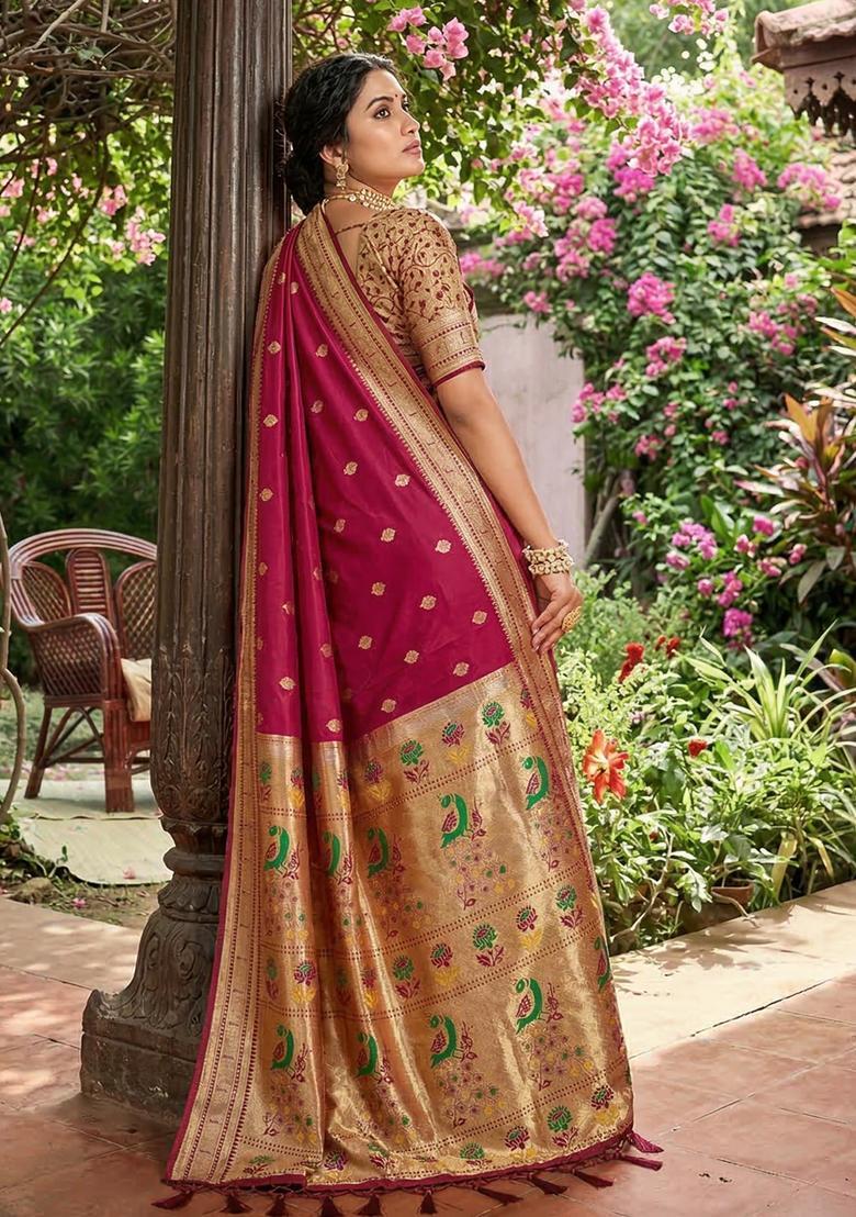 Maroon Zari Work Silk Saree Set - Indya
