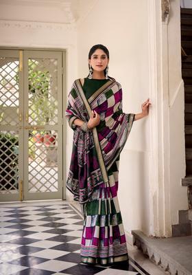 Green Printed Cotton Saree Set
