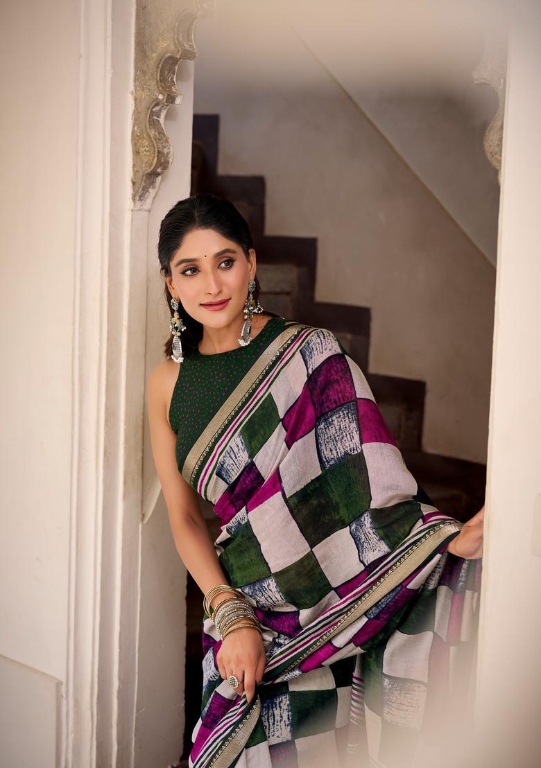 Green Printed Cotton Saree Set - Indya
