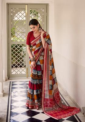 Maroon Printed Cotton Saree Set