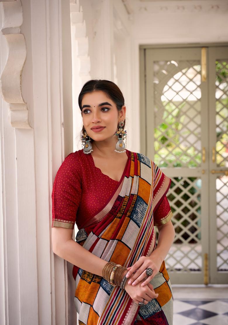 Maroon Printed Cotton Saree Set - Indya