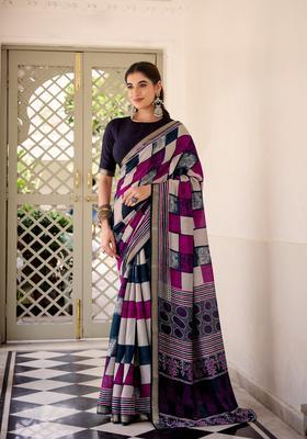 Navy Blue Printed Cotton Saree Set