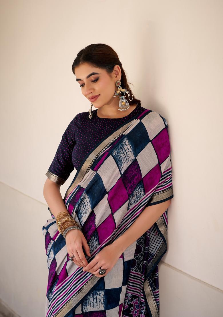 Navy Blue Printed Cotton Saree Set - Indya