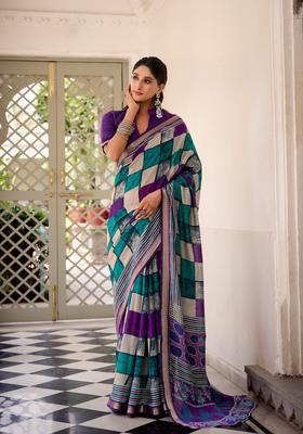 Purple Printed Cotton Saree Set