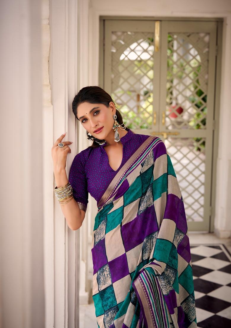 Purple Printed Cotton Saree Set - Indya
