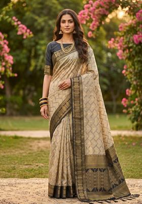 Beige Zari Work Cotton Saree Set
