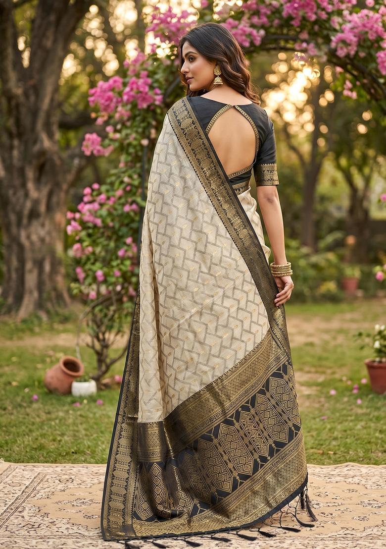 Beige Zari Work Cotton Saree Set - Indya