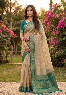 Beige Zari Work Cotton Saree Set
