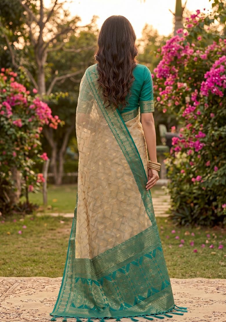 Beige Zari Work Cotton Saree Set - Indya