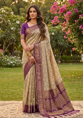 Beige Zari Work Cotton Saree Set