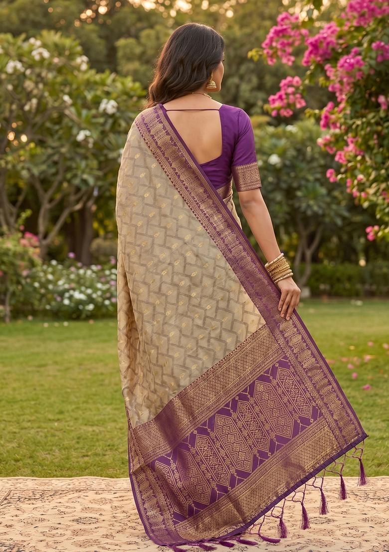 Beige Zari Work Cotton Saree Set - Indya