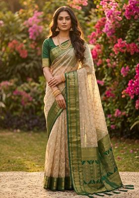 Beige Zari Work Cotton Saree Set