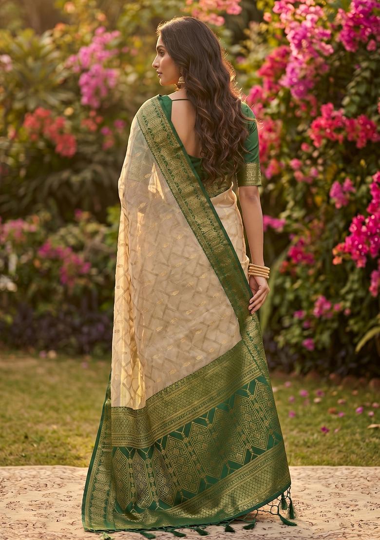 Beige Zari Work Cotton Saree Set - Indya