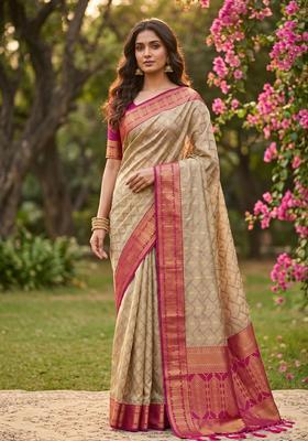 Beige Zari Work Cotton Saree Set