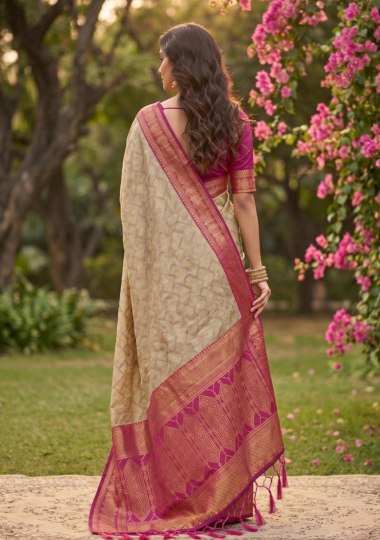 Beige Zari Work Cotton Saree Set - Indya