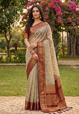 Beige Zari Work Cotton Saree Set