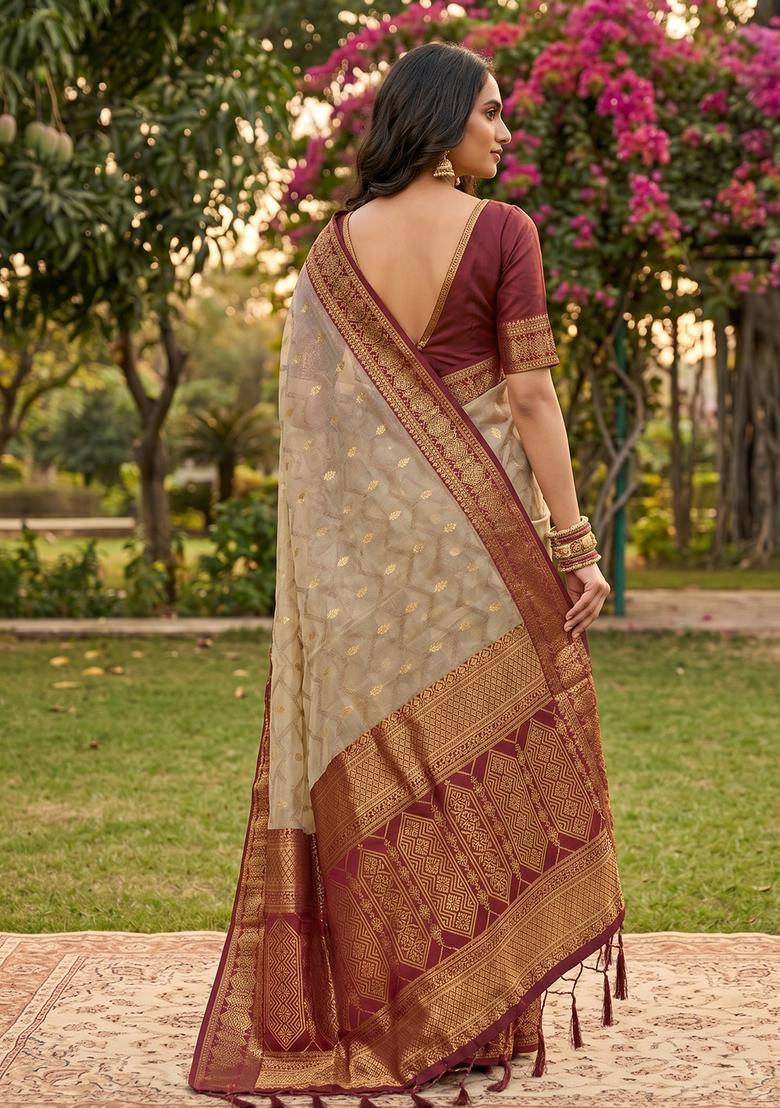 Beige Zari Work Cotton Saree Set - Indya