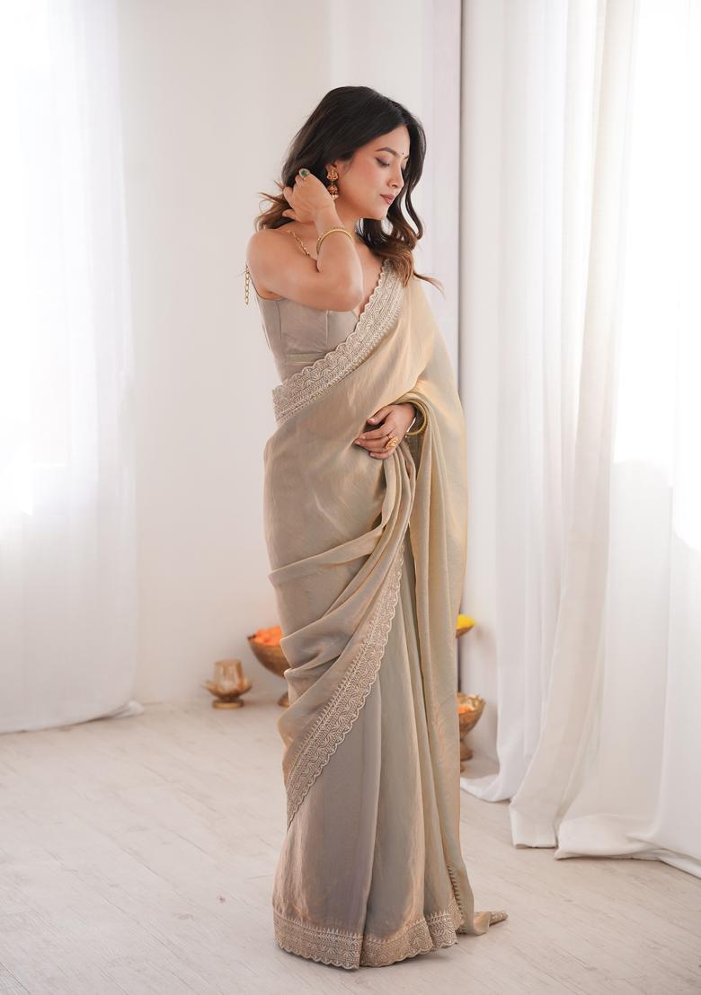 Grey Zari Work Silk Saree Set - Indya