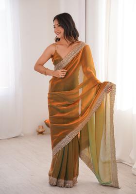Orange Zari Work Silk Saree Set