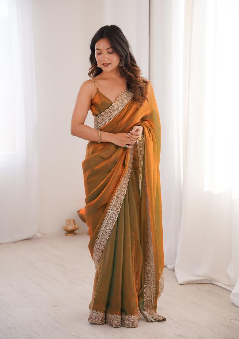 Orange Zari Work Silk Saree Set - Indya