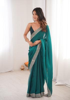 Sea Green Zari Work Silk Saree Set